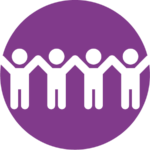 A purple icon with silhouettes of children holding hands. This icon is used to describe children and youth programming at My Friends House.