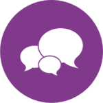 A purple icon with white speech bubbles. This icon is used to describe public education programs offered at My Friends House.