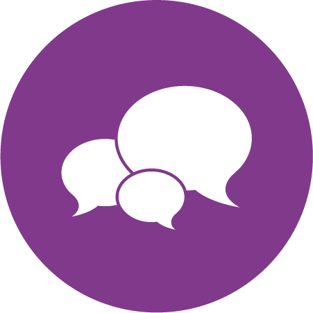 A purple icon with white speech bubbles. This icon is used to describe public education programs offered at My Friends House.