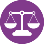 A purple icon with white scales of justice. This icon is used to describe legal support programming at My Friends House.